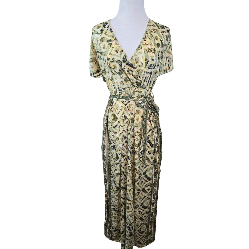 Wide Leg Jumpsuit Cut out Back Wrap V Neck Pockets Tie Waist Boho Print‎ L XL